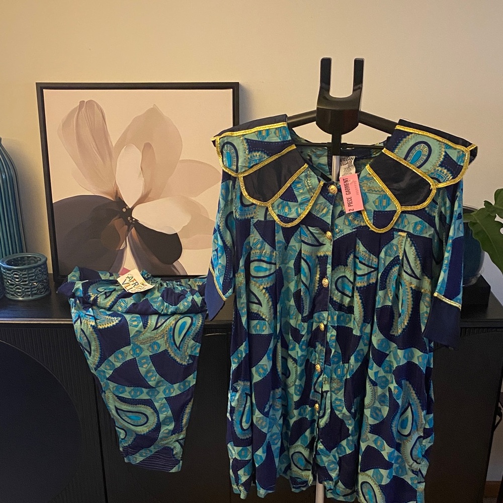 Colorful African Village Shades of Blue and Gold 2 Piece Pants Set